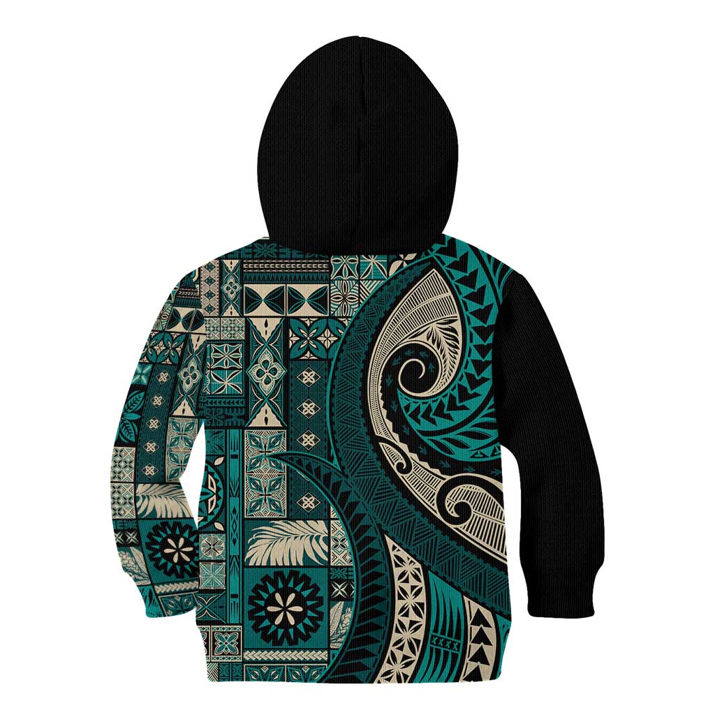 Vintage Samoa Siapo Mamanu Kid Hoodie Teal Samoan Tapa Motif - Polynesian Pride