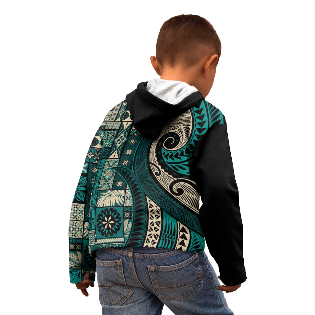 Vintage Samoa Siapo Mamanu Kid Hoodie Teal Samoan Tapa Motif - Polynesian Pride