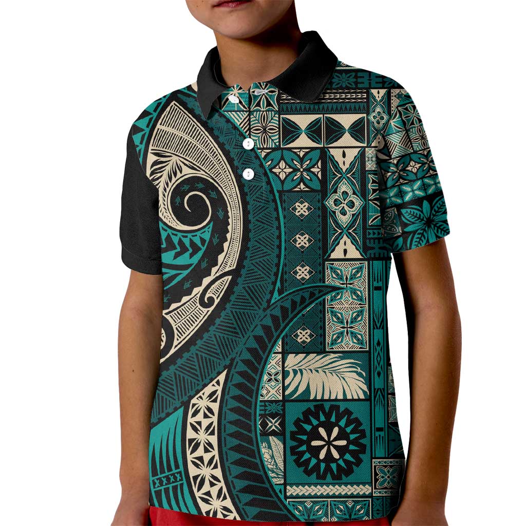 Vintage Samoa Siapo Mamanu Kid Polo Shirt Teal Samoan Tapa Motif - Polynesian Pride
