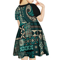 Vintage Samoa Siapo Mamanu Kid Short Sleeve Dress Teal Samoan Tapa Motif - Polynesian Pride