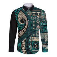 Vintage Samoa Siapo Mamanu Long Sleeve Button Shirt Teal Samoan Tapa Motif - Polynesian Pride