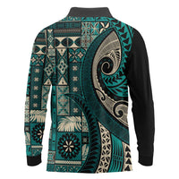 Vintage Samoa Siapo Mamanu Long Sleeve Polo Shirt Teal Samoan Tapa Motif - Polynesian Pride