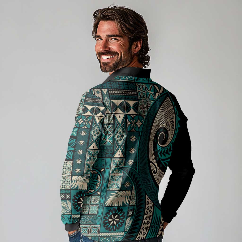 Vintage Samoa Siapo Mamanu Long Sleeve Polo Shirt Teal Samoan Tapa Motif - Polynesian Pride