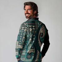 Vintage Samoa Siapo Mamanu Long Sleeve Polo Shirt Teal Samoan Tapa Motif - Polynesian Pride