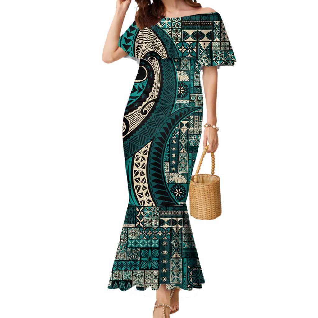 Vintage Samoa Siapo Mamanu Mermaid Dress Teal Samoan Tapa Motif - Polynesian Pride
