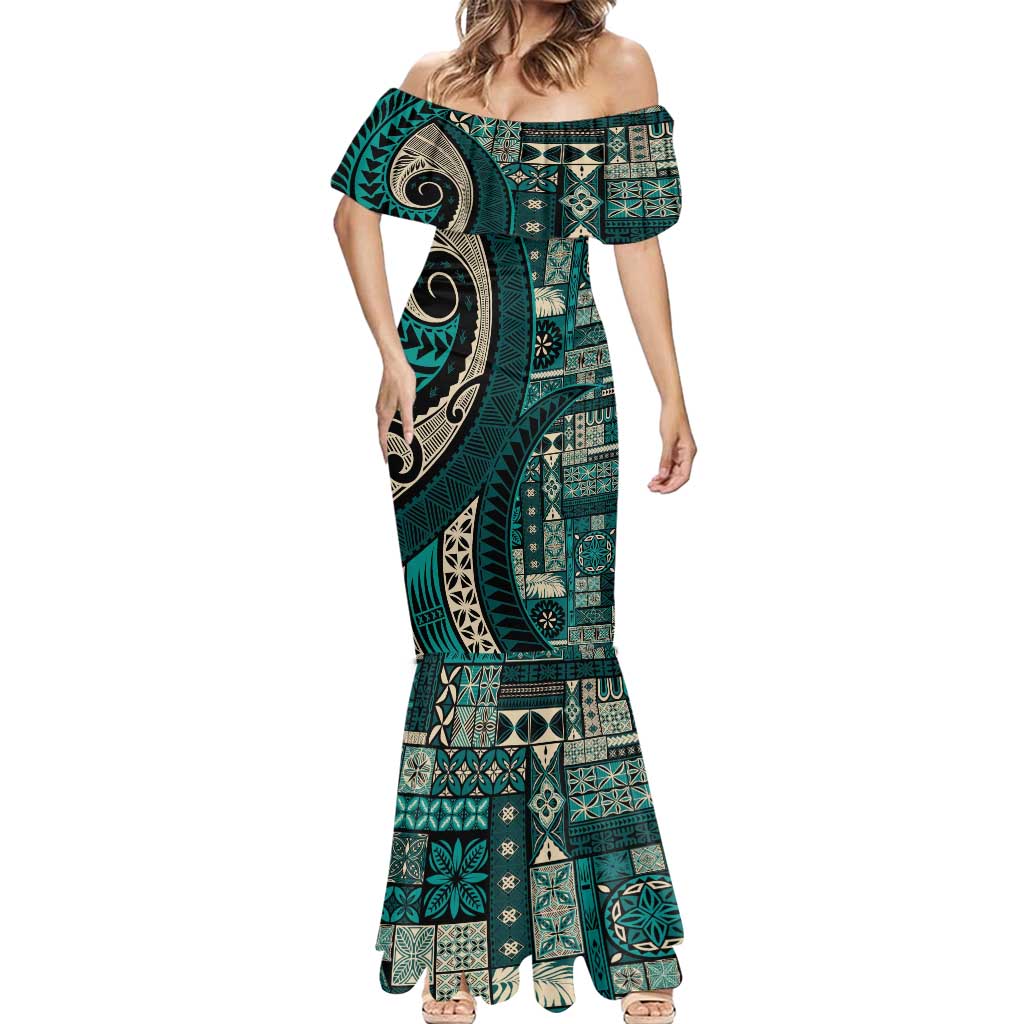 Vintage Samoa Siapo Mamanu Mermaid Dress Teal Samoan Tapa Motif - Polynesian Pride