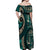 Vintage Samoa Siapo Mamanu Off Shoulder Maxi Dress Teal Samoan Tapa Motif - Polynesian Pride