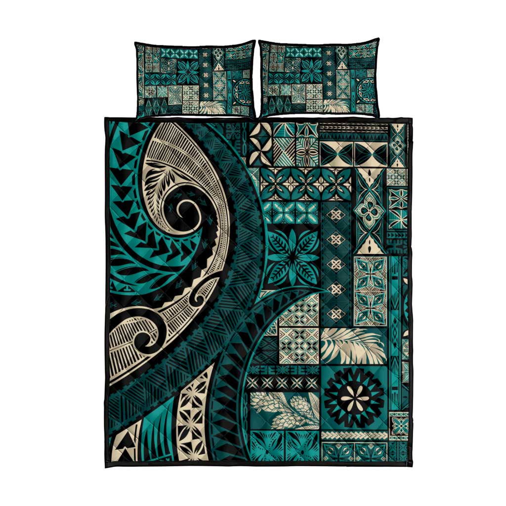 Vintage Samoa Siapo Mamanu Quilt Bed Set Teal Samoan Tapa Motif - Polynesian Pride