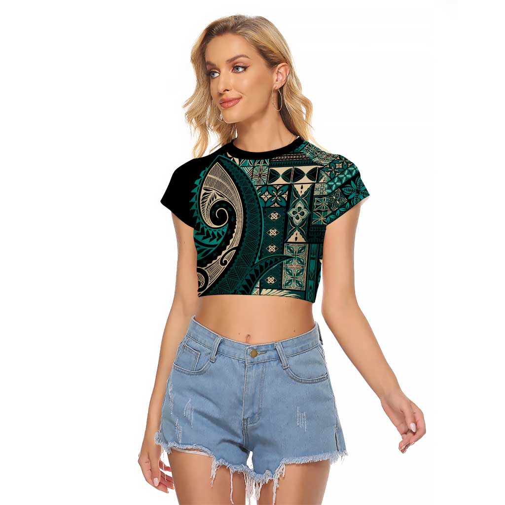 Vintage Samoa Siapo Mamanu Raglan Cropped T Shirt Teal Samoan Tapa Motif - Polynesian Pride