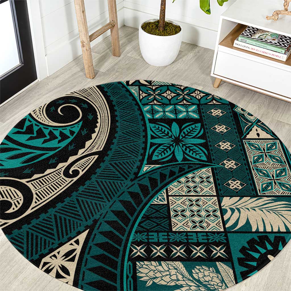 Vintage Samoa Siapo Mamanu Round Carpet Teal Samoan Tapa Motif - Polynesian Pride