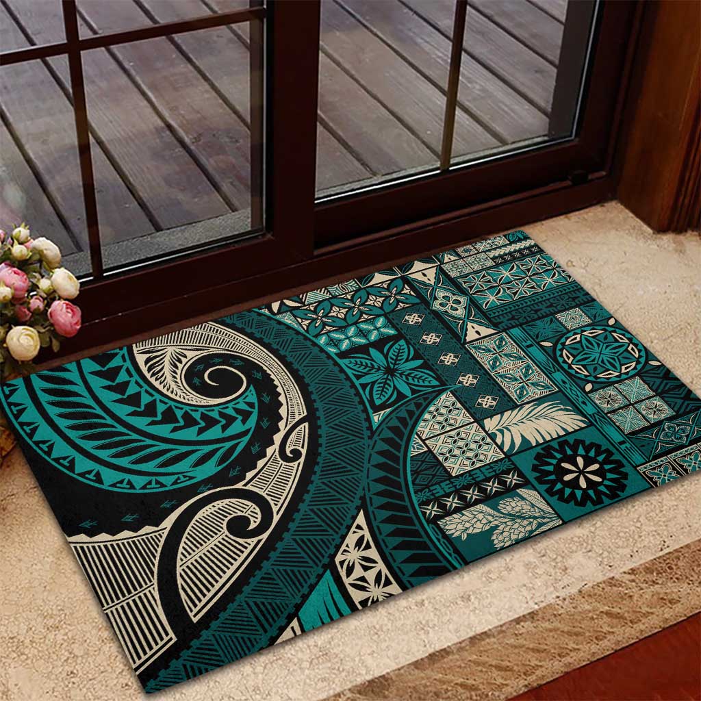 Vintage Samoa Siapo Mamanu Rubber Doormat Teal Samoan Tapa Motif - Polynesian Pride