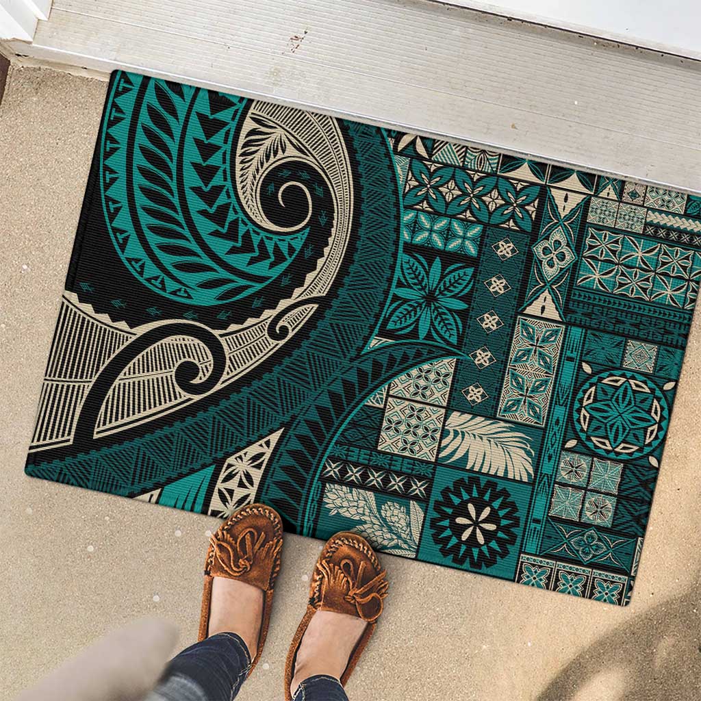 Vintage Samoa Siapo Mamanu Rubber Doormat Teal Samoan Tapa Motif - Polynesian Pride