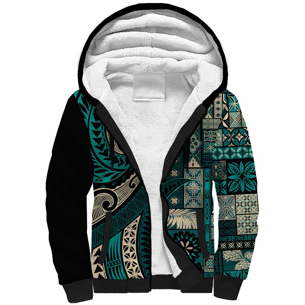 Vintage Samoa Siapo Mamanu Sherpa Hoodie Teal Samoan Tapa Motif - Polynesian Pride