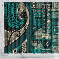 Vintage Samoa Siapo Mamanu Shower Curtain Teal Samoan Tapa Motif - Polynesian Pride
