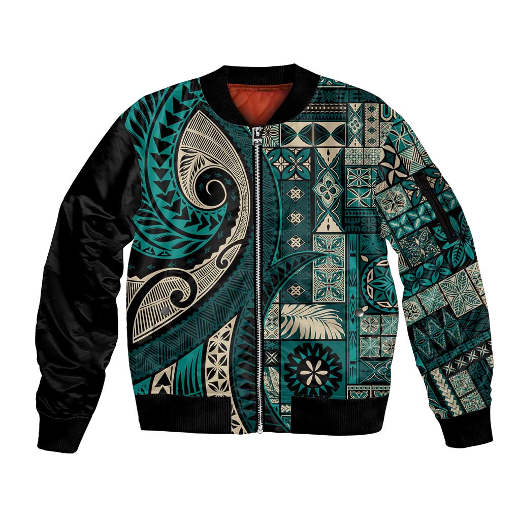 Vintage Samoa Siapo Mamanu Sleeve Zip Bomber Jacket Teal Samoan Tapa Motif - Polynesian Pride
