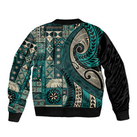 Vintage Samoa Siapo Mamanu Sleeve Zip Bomber Jacket Teal Samoan Tapa Motif - Polynesian Pride