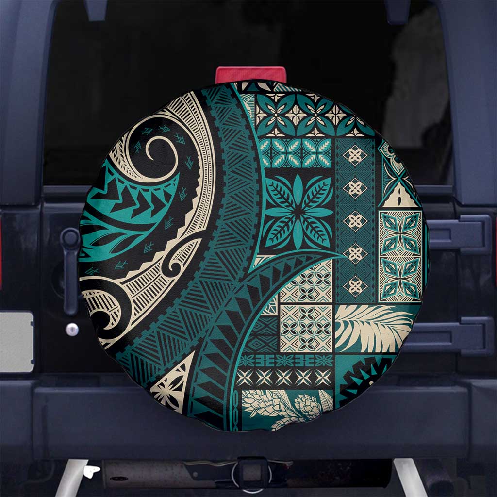 Vintage Samoa Siapo Mamanu Spare Tire Cover Teal Samoan Tapa Motif - Polynesian Pride