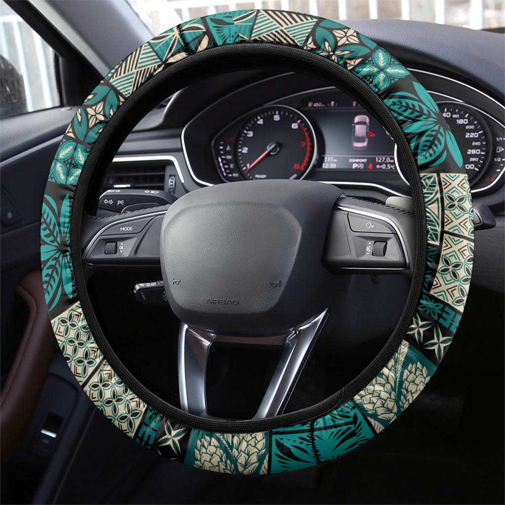 Vintage Samoa Siapo Mamanu Steering Wheel Cover Teal Samoan Tapa Motif - Polynesian Pride