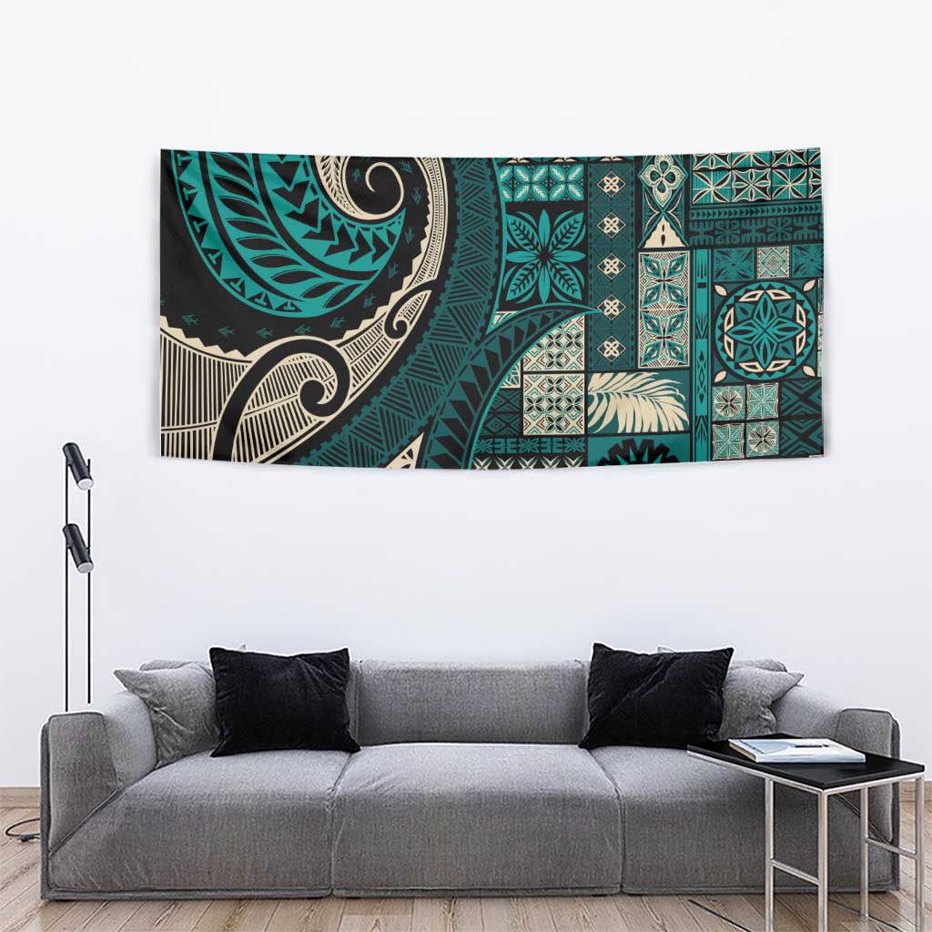 Vintage Samoa Siapo Mamanu Tapestry Teal Samoan Tapa Motif - Polynesian Pride