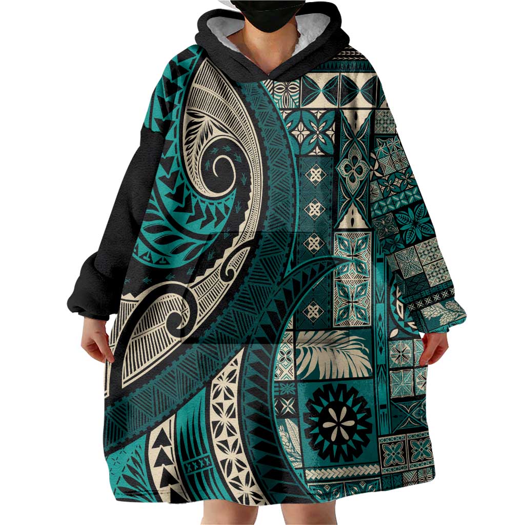 Vintage Samoa Siapo Mamanu Wearable Blanket Hoodie Teal Samoan Tapa Motif - Polynesian Pride