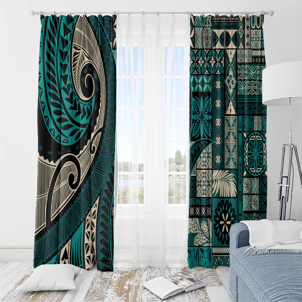 Vintage Samoa Siapo Mamanu Window Curtain Teal Samoan Tapa Motif - Polynesian Pride