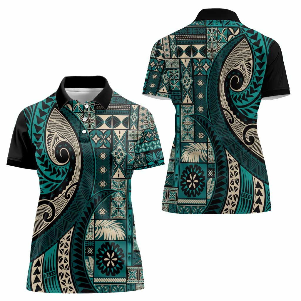 Vintage Samoa Siapo Mamanu Women Polo Shirt Teal Samoan Tapa Motif - Polynesian Pride
