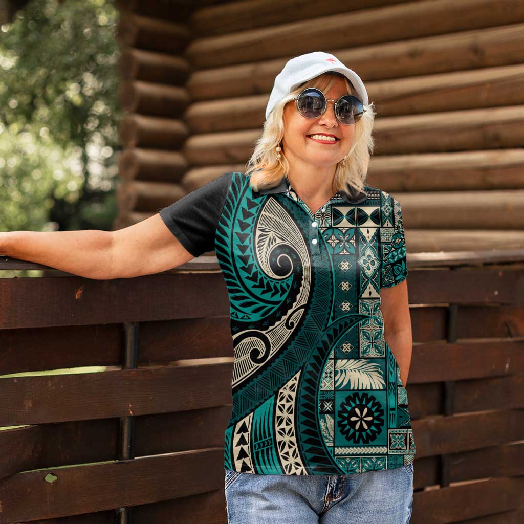 Vintage Samoa Siapo Mamanu Women Polo Shirt Teal Samoan Tapa Motif - Polynesian Pride