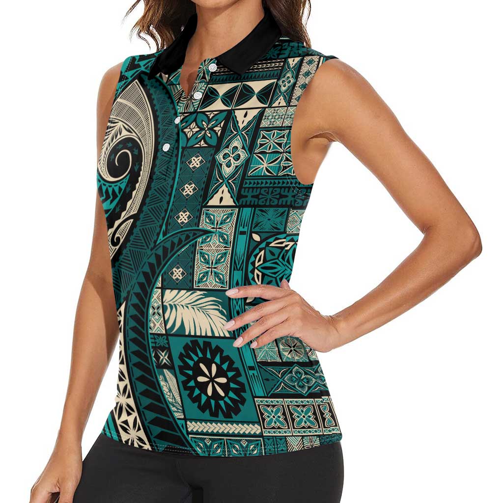 Vintage Samoa Siapo Mamanu Women Sleeveless Polo Shirt Teal Samoan Tapa Motif - Polynesian Pride