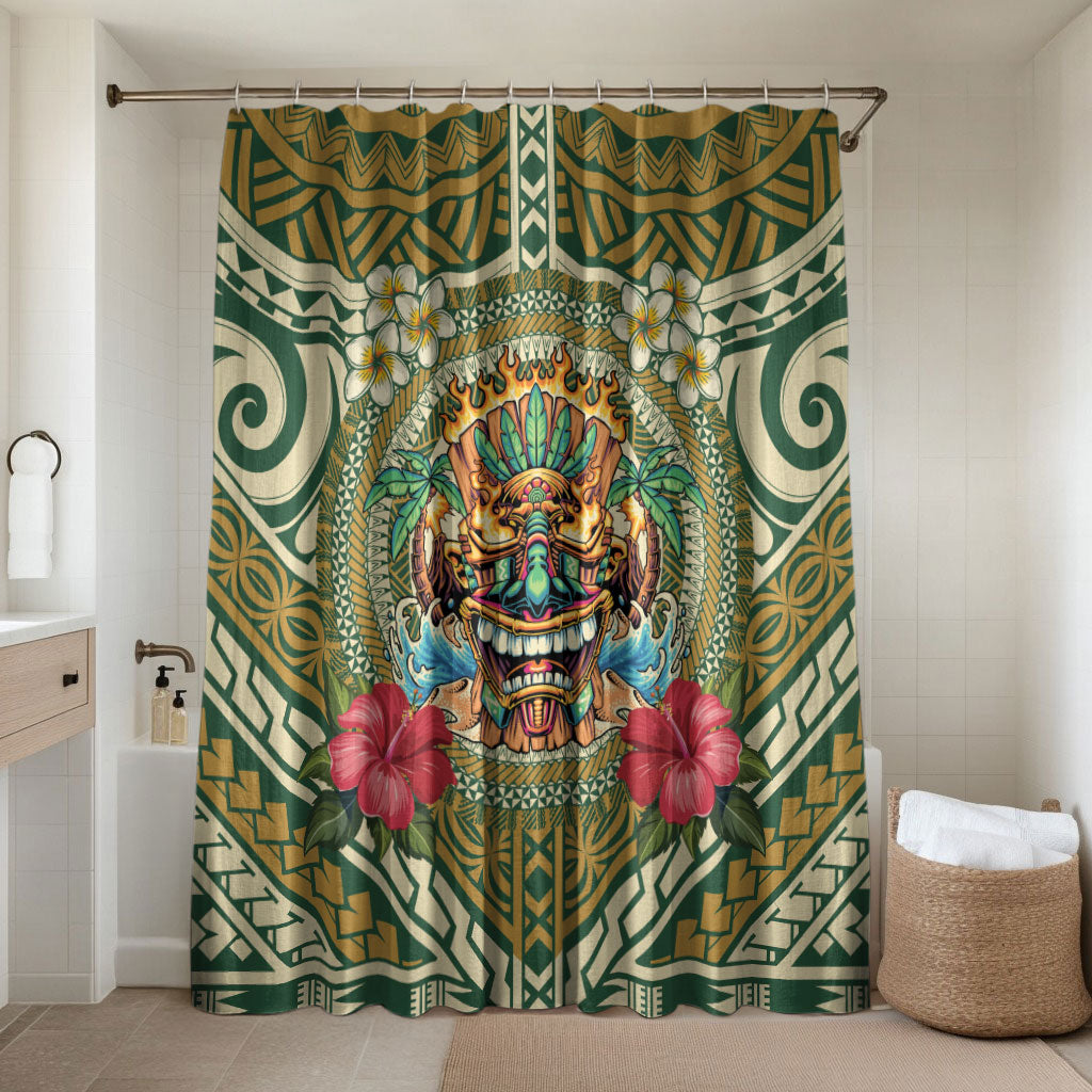 Hawaii Tiki Mask Bathroom Set Mele Kalikimaka i Iulai! LT9 Shower Curtain Only Green - Polynesian Pride