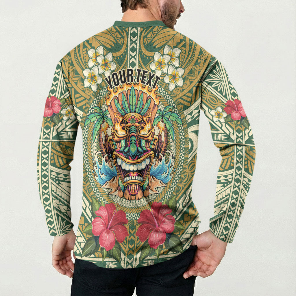 Hawaii Tiki Mask Personalized Button Sweatshirt Mele Kalikimaka i Iulai!
