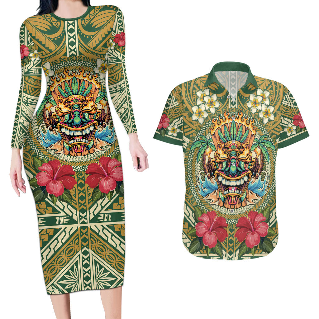 Hawaii Tiki Mask Personalized Couples Matching Long Sleeve Bodycon Dress and Hawaiian Shirt Mele Kalikimaka i Iulai!
