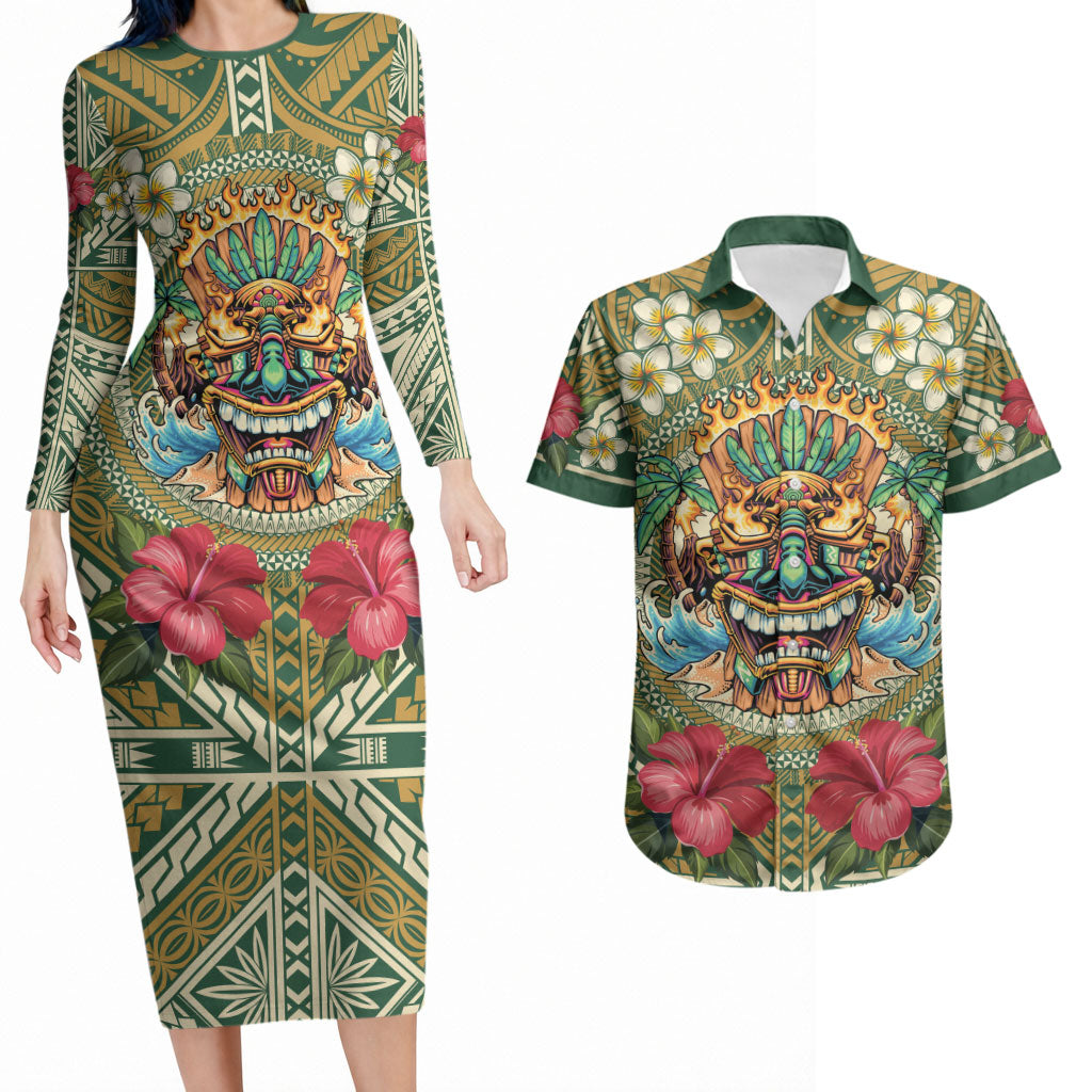 Hawaii Tiki Mask Personalized Couples Matching Long Sleeve Bodycon Dress and Hawaiian Shirt Mele Kalikimaka i Iulai! LT9 Green - Polynesian Pride
