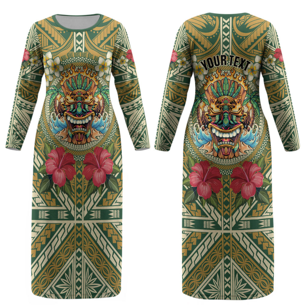 Hawaii Tiki Mask Personalized Couples Matching Long Sleeve Bodycon Dress and Long Sleeve Button Shirt Mele Kalikimaka i Iulai! LT9 - Polynesian Pride