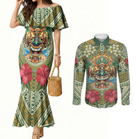 Hawaii Tiki Mask Personalized Couples Matching Mermaid Dress and Long Sleeve Button Shirt Mele Kalikimaka i Iulai! LT9 Green - Polynesian Pride