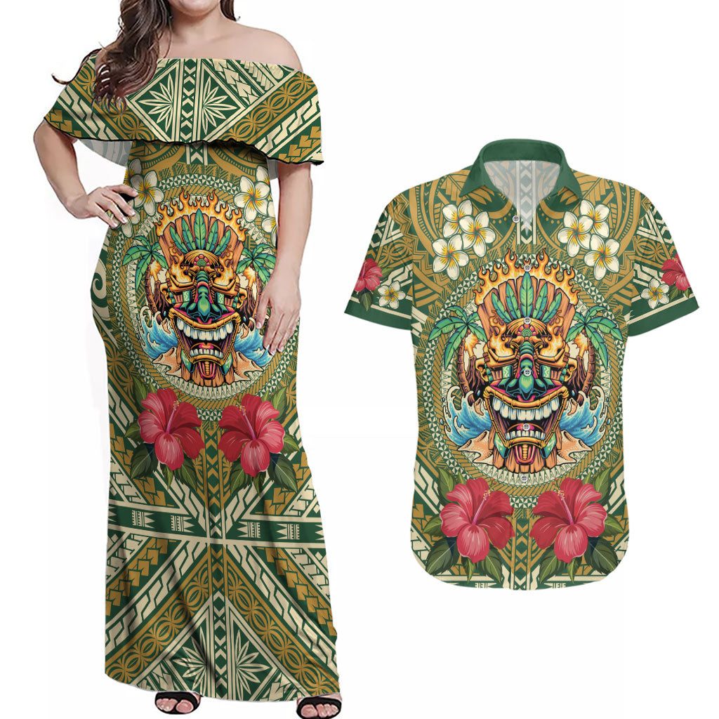 Hawaii Tiki Mask Personalized Couples Matching Off Shoulder Maxi Dress and Hawaiian Shirt Mele Kalikimaka i Iulai!