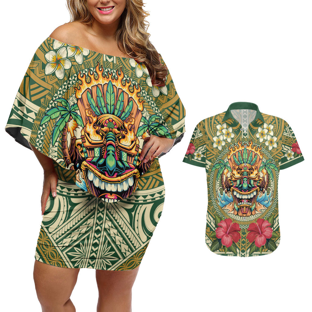 Hawaii Tiki Mask Personalized Couples Matching Off Shoulder Short Dress and Hawaiian Shirt Mele Kalikimaka i Iulai!