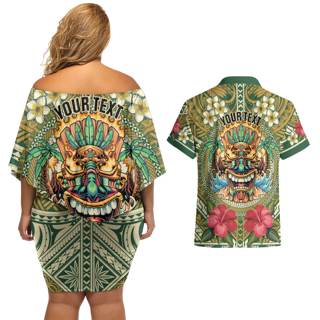 Hawaii Tiki Mask Personalized Couples Matching Off Shoulder Short Dress and Hawaiian Shirt Mele Kalikimaka i Iulai!