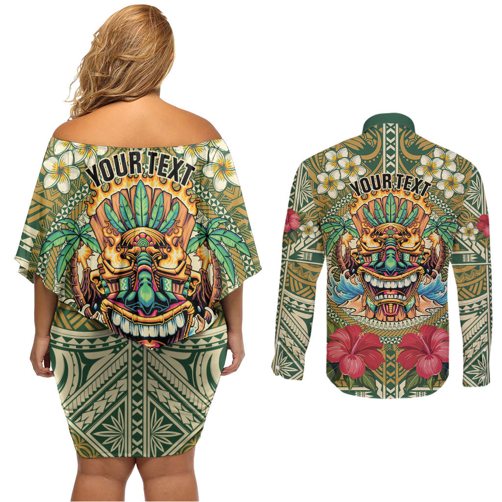 Hawaii Tiki Mask Personalized Couples Matching Off Shoulder Short Dress and Long Sleeve Button Shirt Mele Kalikimaka i Iulai!