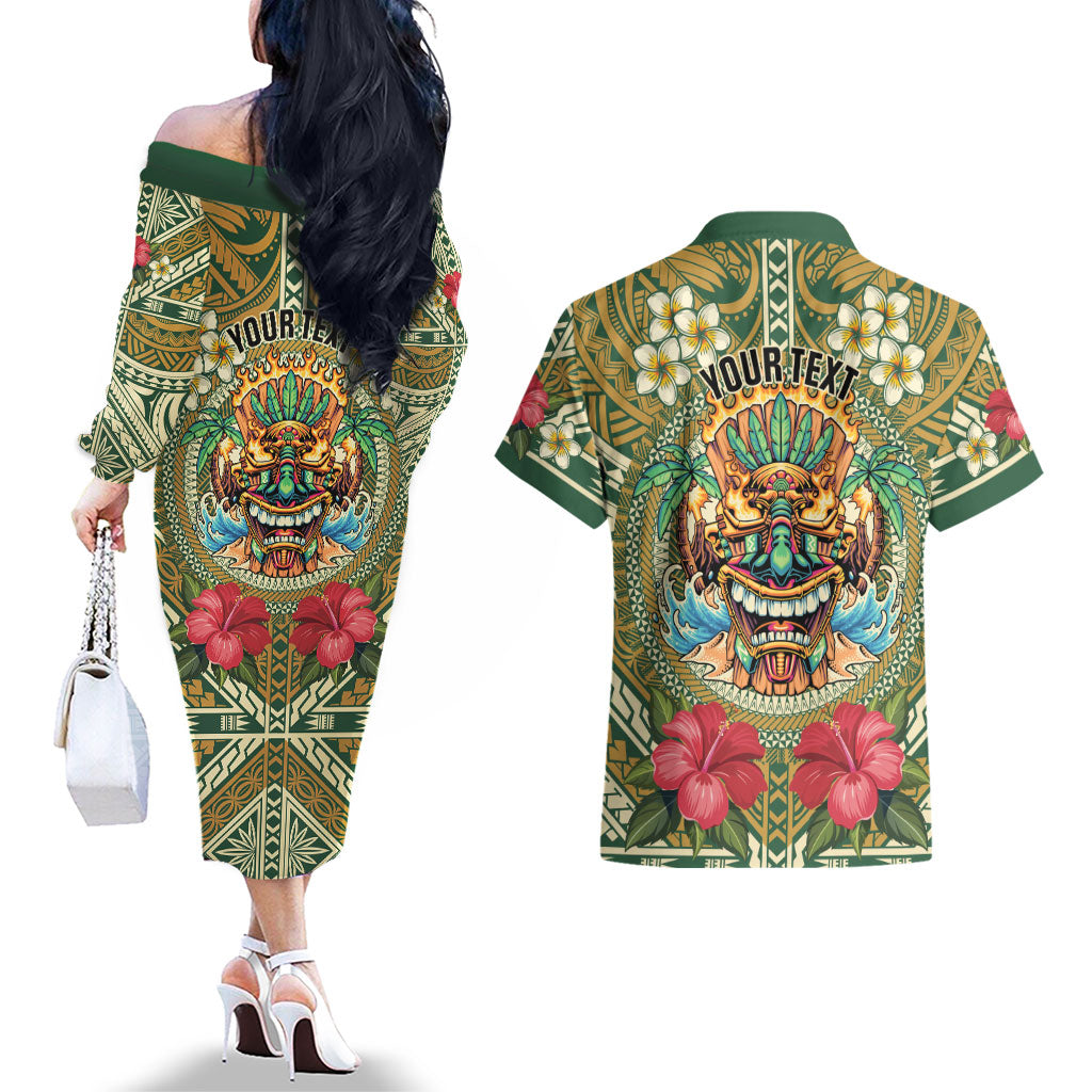 Hawaii Tiki Mask Personalized Couples Matching Off The Shoulder Long Sleeve Dress and Hawaiian Shirt Mele Kalikimaka i Iulai! LT9 - Polynesian Pride