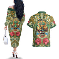 Hawaii Tiki Mask Personalized Couples Matching Off The Shoulder Long Sleeve Dress and Hawaiian Shirt Mele Kalikimaka i Iulai! LT9 - Polynesian Pride