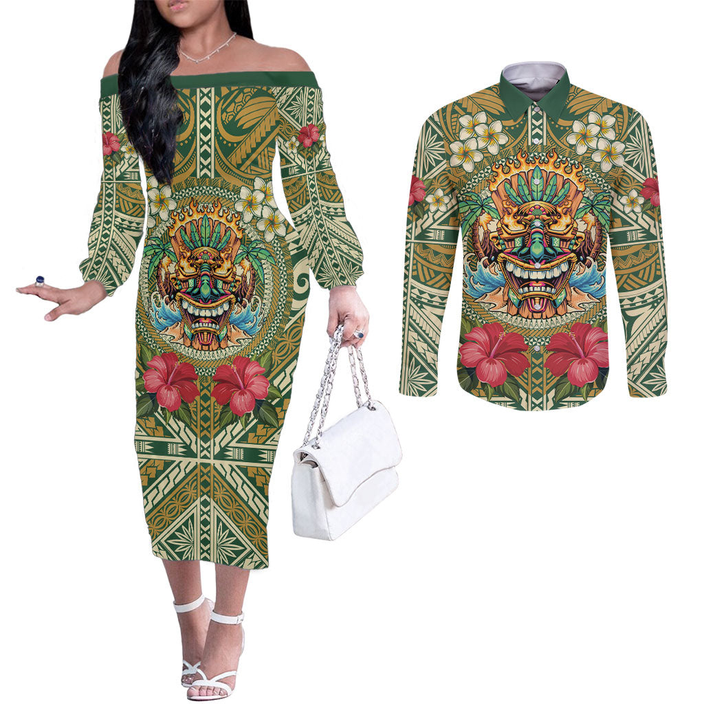Hawaii Tiki Mask Personalized Couples Matching Off The Shoulder Long Sleeve Dress and Long Sleeve Button Shirt Mele Kalikimaka i Iulai!