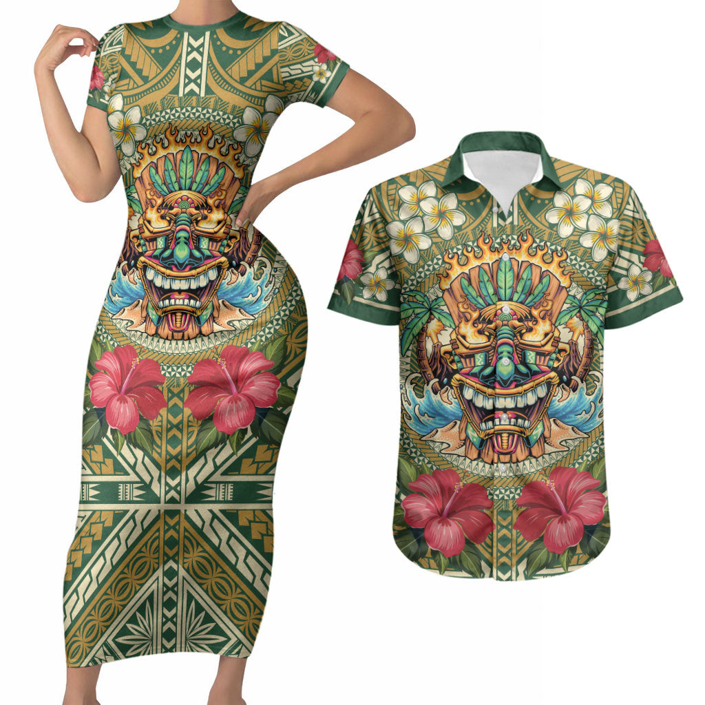 Hawaii Tiki Mask Personalized Couples Matching Short Sleeve Bodycon Dress and Hawaiian Shirt Mele Kalikimaka i Iulai! LT9 Green - Polynesian Pride