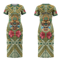 Hawaii Tiki Mask Personalized Couples Matching Short Sleeve Bodycon Dress and Hawaiian Shirt Mele Kalikimaka i Iulai! LT9 - Polynesian Pride