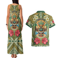 Hawaii Tiki Mask Personalized Couples Matching Tank Maxi Dress and Hawaiian Shirt Mele Kalikimaka i Iulai!