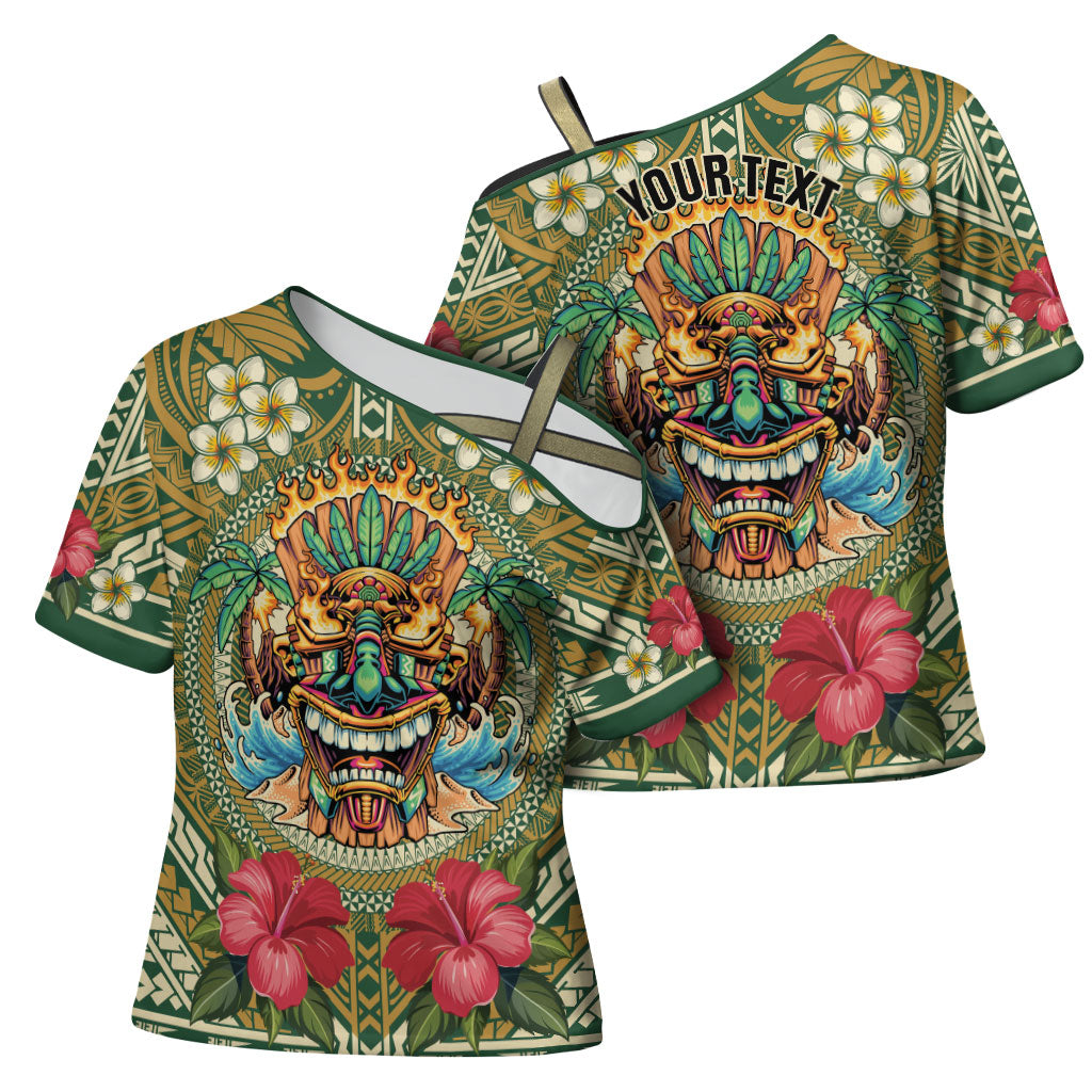 Hawaii Tiki Mask Personalized Cross Shoulder Shirt Mele Kalikimaka i Iulai! LT9 - Polynesian Pride