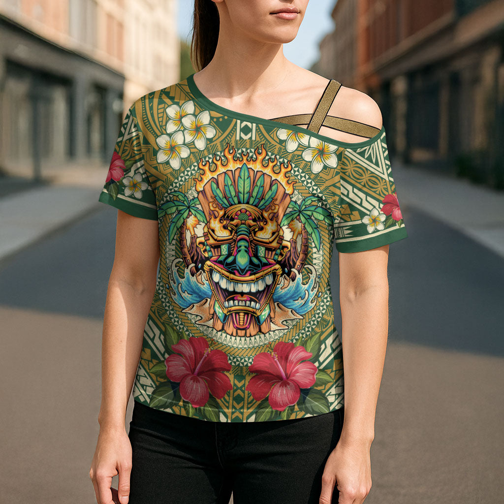 Hawaii Tiki Mask Personalized Cross Shoulder Shirt Mele Kalikimaka i Iulai! LT9 - Polynesian Pride