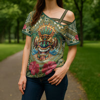 Hawaii Tiki Mask Personalized Cross Shoulder Shirt Mele Kalikimaka i Iulai! LT9 - Polynesian Pride