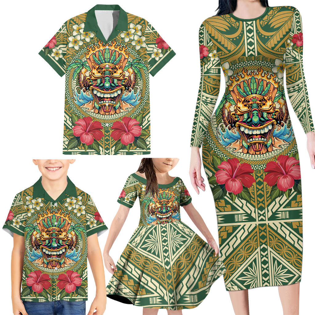 Hawaii Tiki Mask Personalized Family Matching Long Sleeve Bodycon Dress and Hawaiian Shirt Mele Kalikimaka i Iulai!