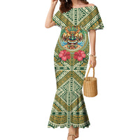 Hawaii Tiki Mask Personalized Family Matching Mermaid Dress and Hawaiian Shirt Mele Kalikimaka i Iulai! LT9 Mom's Dress Green - Polynesian Pride