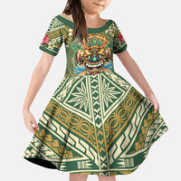 Hawaii Tiki Mask Personalized Family Matching Off The Shoulder Long Sleeve Dress and Hawaiian Shirt Mele Kalikimaka i Iulai! LT9 Daughter's Dress Green - Polynesian Pride